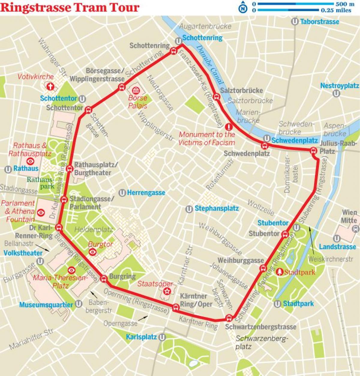 링 비엔나 트램 경로를 지도